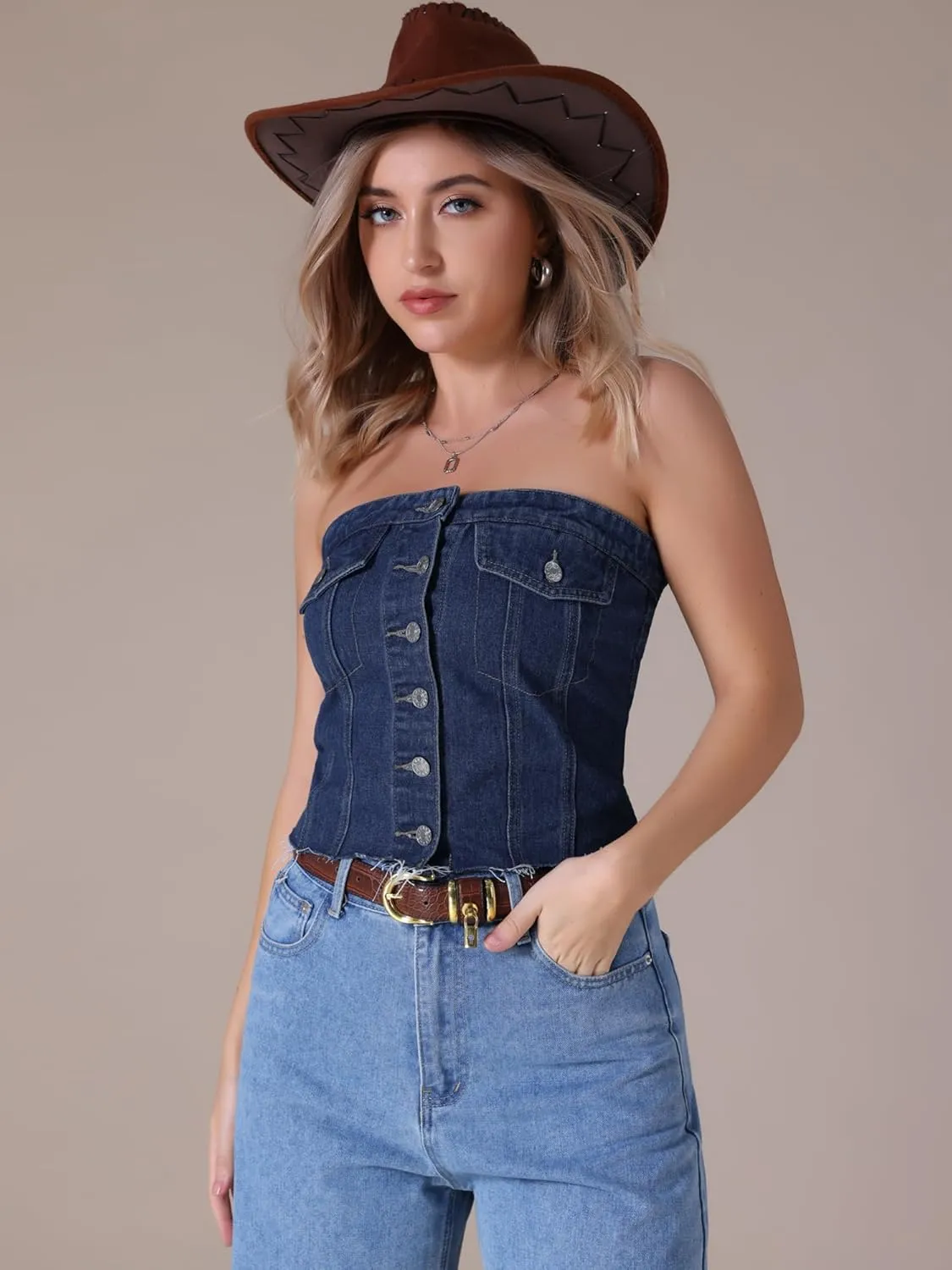 Women's Denim Tube Tops Button Front Raw Hem Smocked Back Crop Strapless Bandeau Top