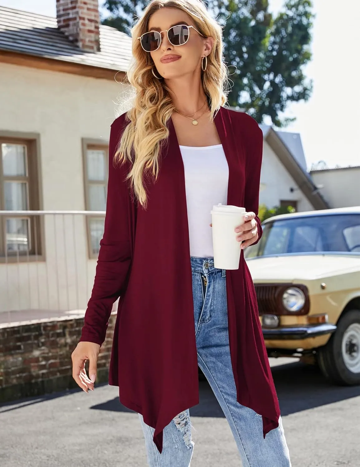 Women's Draped Front Open Cardigan Casual Long Sleeve Lightweight Cardigan Sweaters Duster