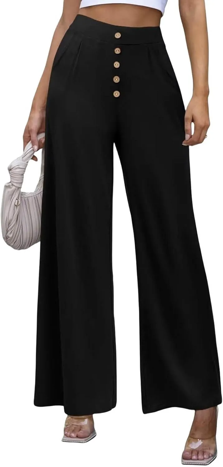 Womens High Waisted Pants Business Wide Leg Straight Casual Trousers Button Down Work Loose Comfy Pant with Pockets