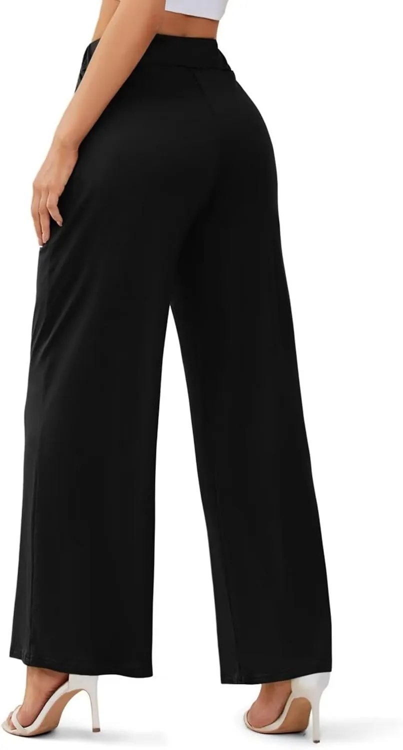 Womens High Waisted Pants Business Wide Leg Straight Casual Trousers Button Down Work Loose Comfy Pant with Pockets