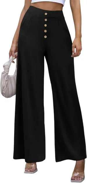 Womens High Waisted Pants Business Wide Leg Straight Casual Trousers Button Down Work Loose Comfy Pant with Pockets