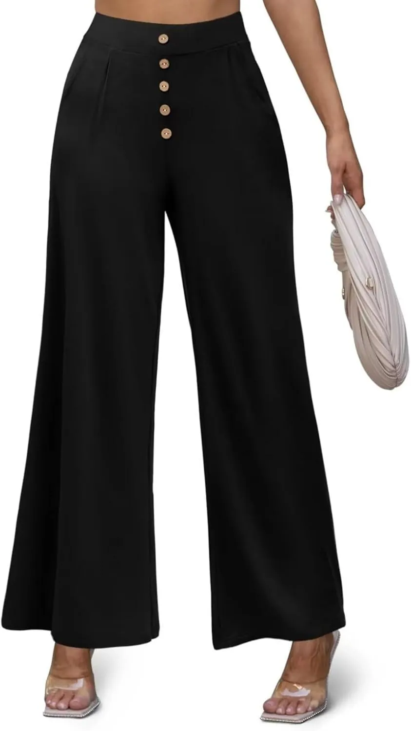 Womens High Waisted Pants Business Wide Leg Straight Casual Trousers Button Down Work Loose Comfy Pant with Pockets