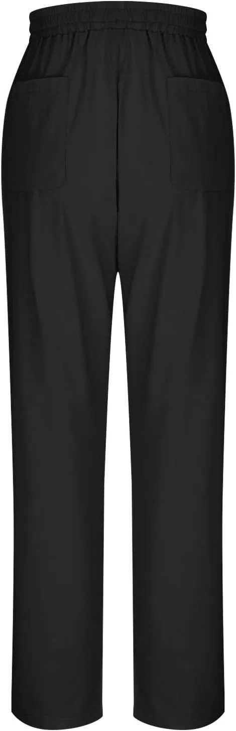 Women's Linen Summer Pants Casual Drawstring Straight Leg Beach Trousers with Pockets Vacation Clothes