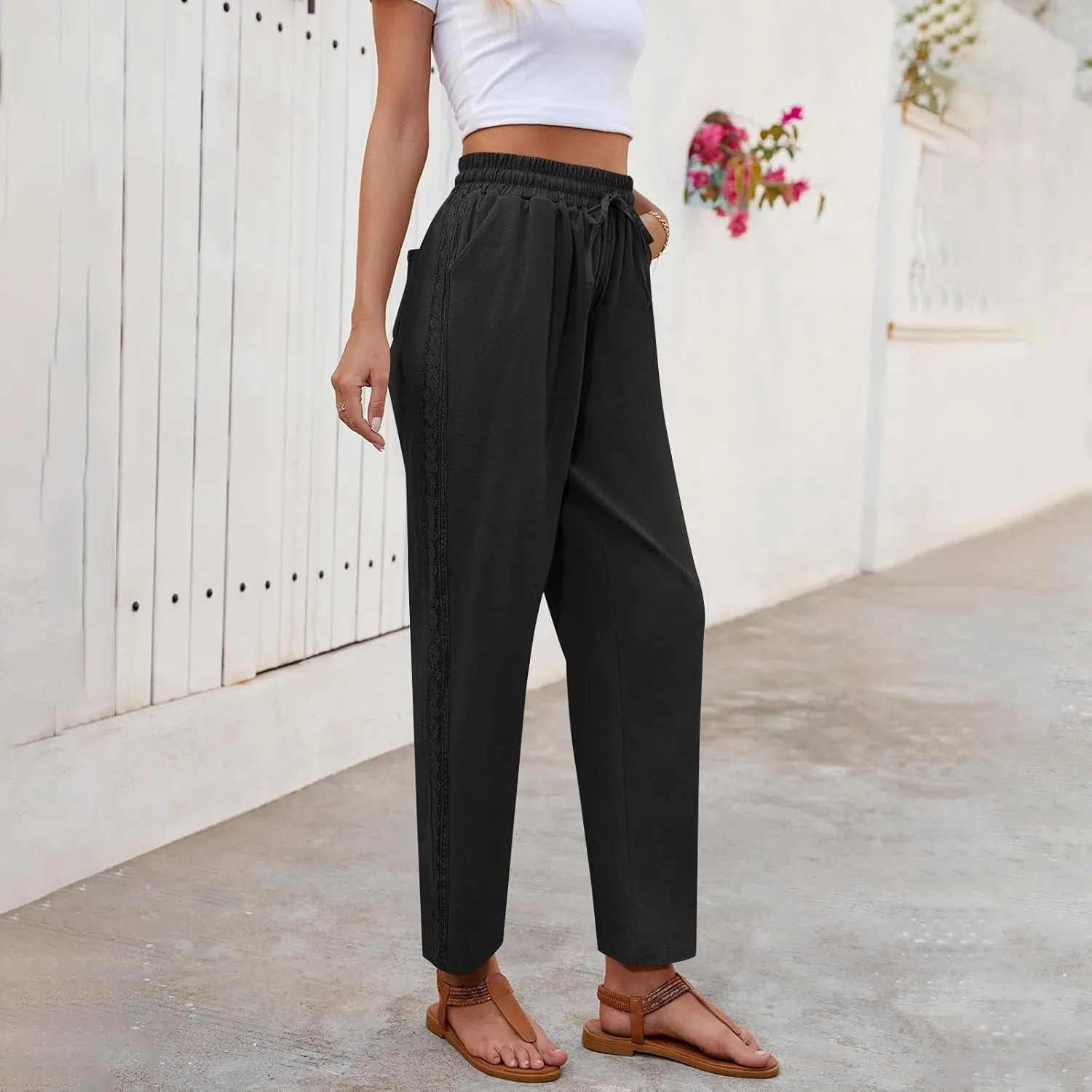 Women's Linen Summer Pants Casual Drawstring Straight Leg Beach Trousers with Pockets Vacation Clothes