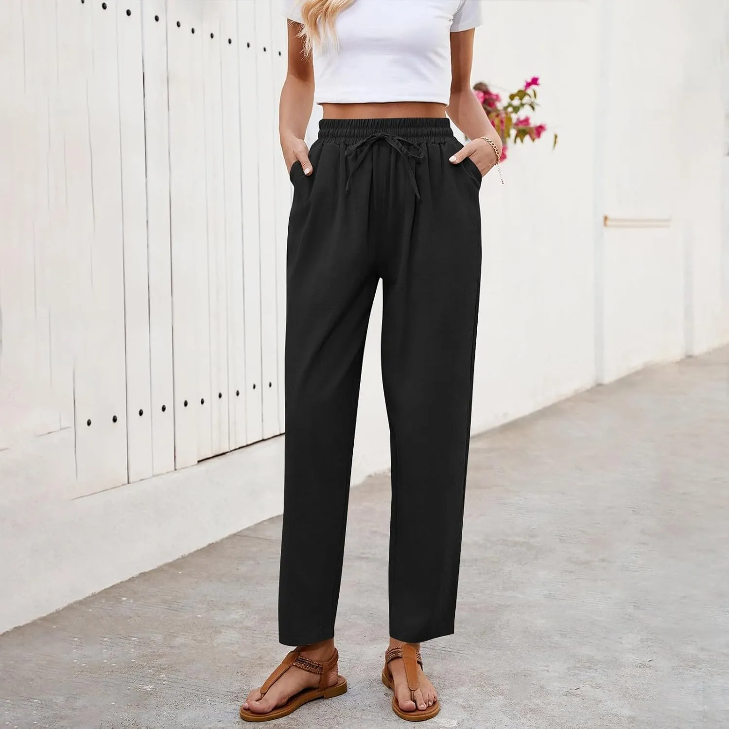 Women's Linen Summer Pants Casual Drawstring Straight Leg Beach Trousers with Pockets Vacation Clothes