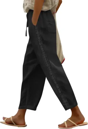 Women's Linen Summer Pants Casual Drawstring Straight Leg Beach Trousers with Pockets Vacation Clothes