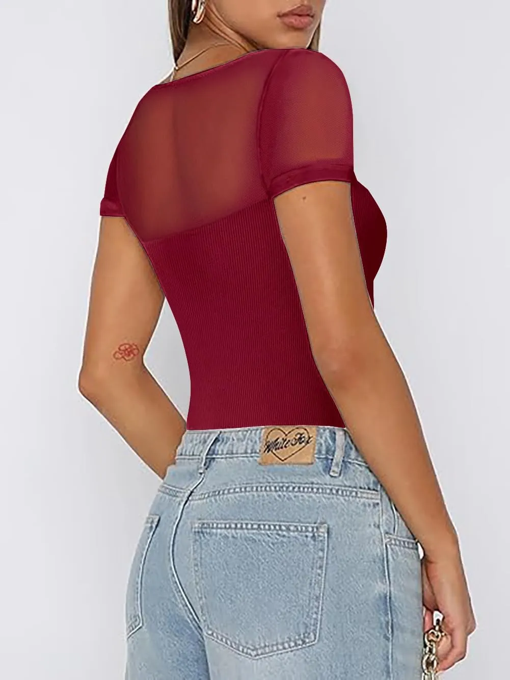 Women's Mesh Shoulder Transparent Casual Top Short Sleeved Tight Fitting Shirt Top Slim Fit Modified Abdominal Tops