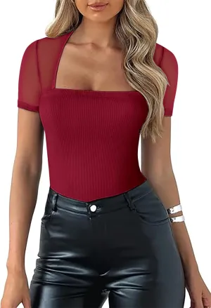 Women's Mesh Shoulder Transparent Casual Top Short Sleeved Tight Fitting Shirt Top Slim Fit Modified Abdominal Tops