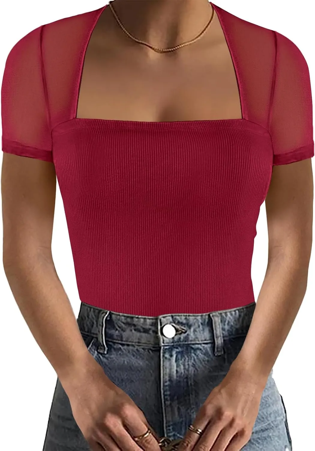 Women's Mesh Shoulder Transparent Casual Top Short Sleeved Tight Fitting Shirt Top Slim Fit Modified Abdominal Tops