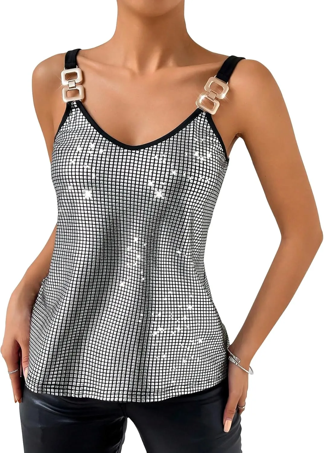 Womens Metallic Top Sparkle Cami Party Club Glitter Tanks Tops