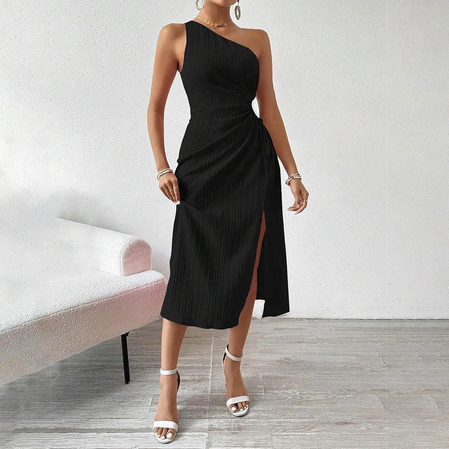Women's One Shoulder Sleeveless Textured Sundress Sexy Cut Out Drawstring Waist High Split Cocktail Party Midi Dress