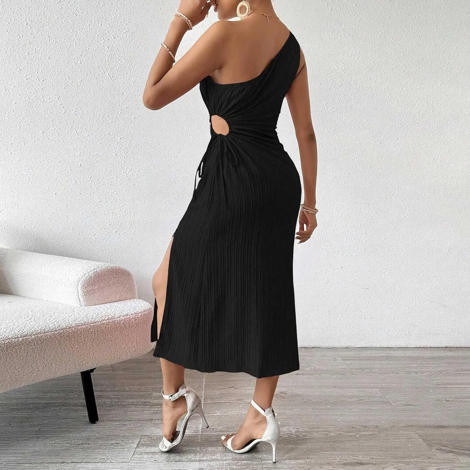 Women's One Shoulder Sleeveless Textured Sundress Sexy Cut Out Drawstring Waist High Split Cocktail Party Midi Dress
