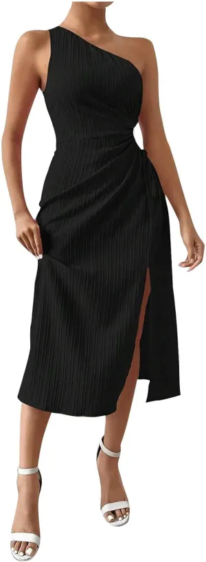 Women's One Shoulder Sleeveless Textured Sundress Sexy Cut Out Drawstring Waist High Split Cocktail Party Midi Dress