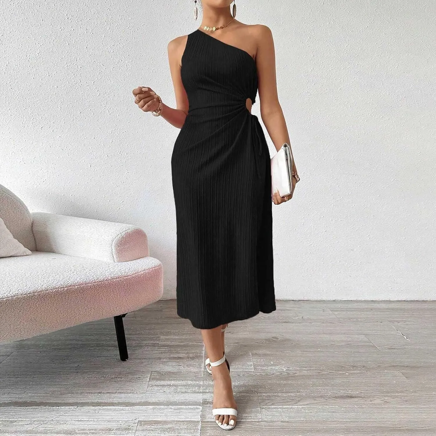 Women's One Shoulder Sleeveless Textured Sundress Sexy Cut Out Drawstring Waist High Split Cocktail Party Midi Dress