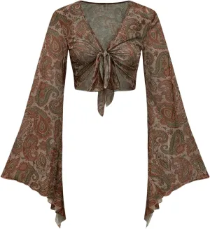 Women's Paisley 70s Top Mesh Hippie Shirt Sheer V Neck Disco Crop Top Long Bell Sleeve Tie Front Boho Blouse