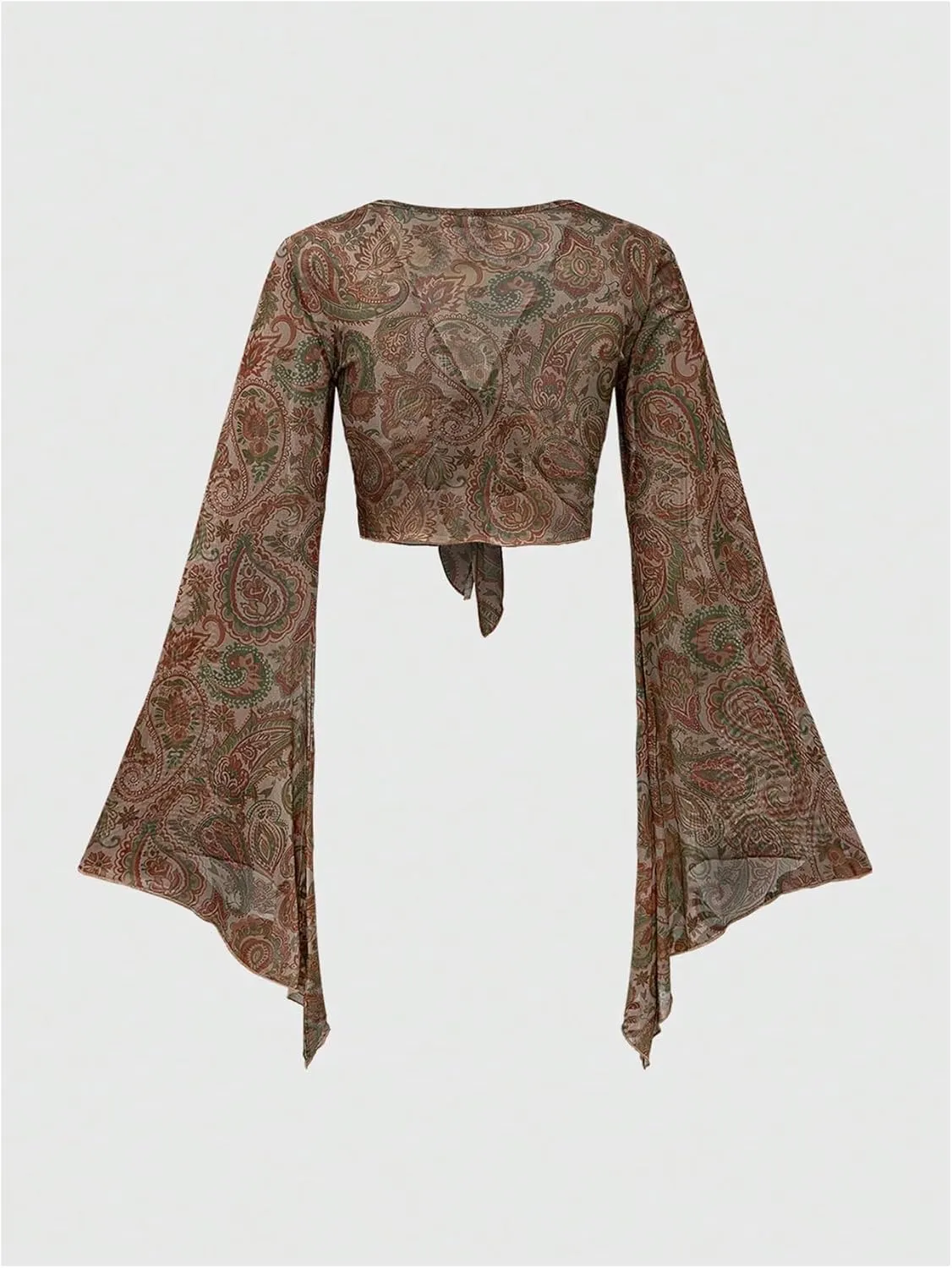 Women's Paisley 70s Top Mesh Hippie Shirt Sheer V Neck Disco Crop Top Long Bell Sleeve Tie Front Boho Blouse