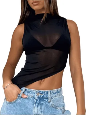 Women's Sheer Mesh Mock Neck Tank Tops Sleeveless Asymmetrical Hem Crop Tops Clubwear