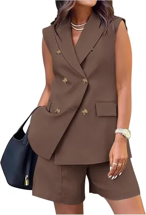 Women's Sleeveless Suit Jacket Vest Shorts Suit Lapel V-Neck Button Office 2 Piece Sets Business Casual Outfits Suits