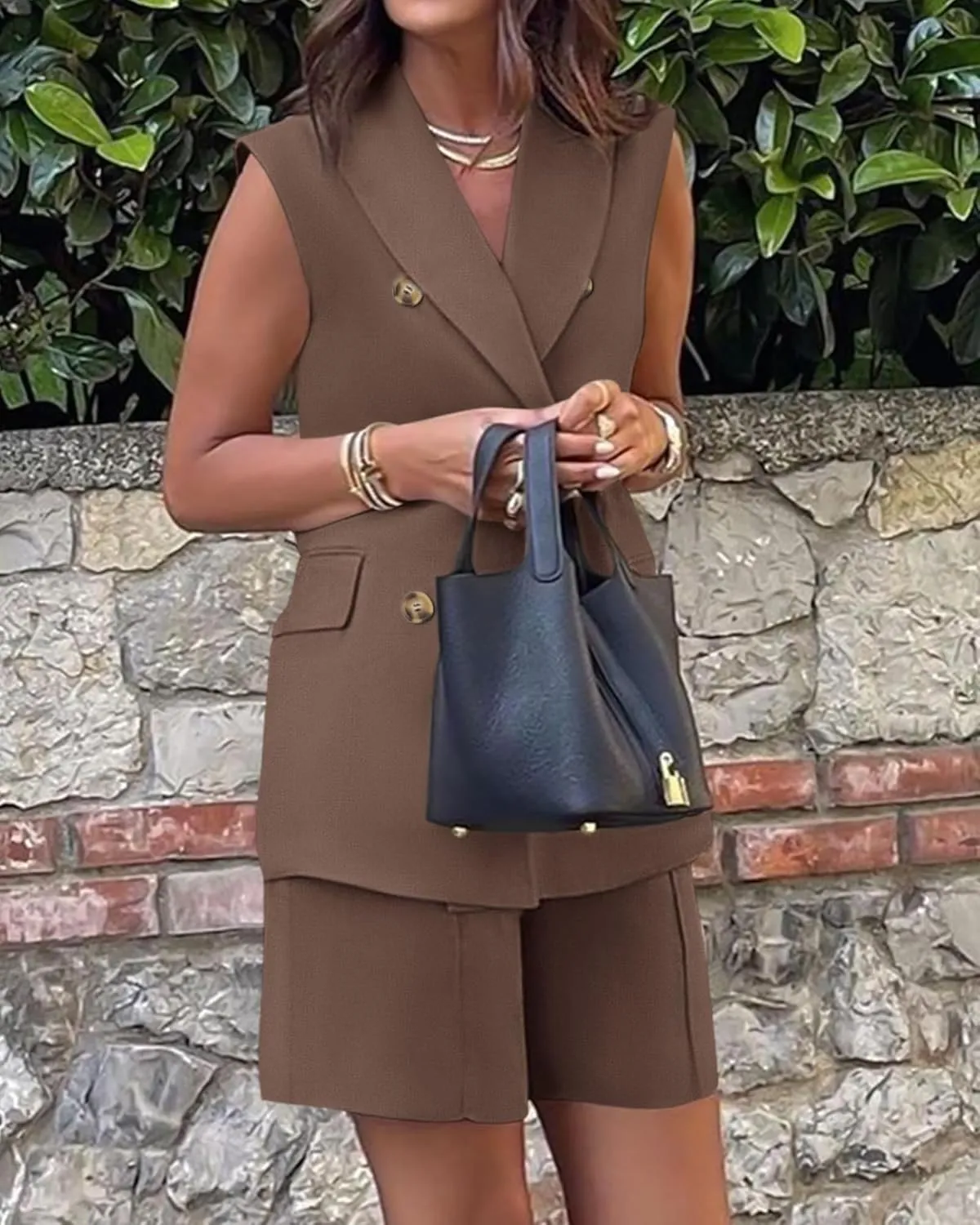 Women's Sleeveless Suit Jacket Vest Shorts Suit Lapel V-Neck Button Office 2 Piece Sets Business Casual Outfits Suits