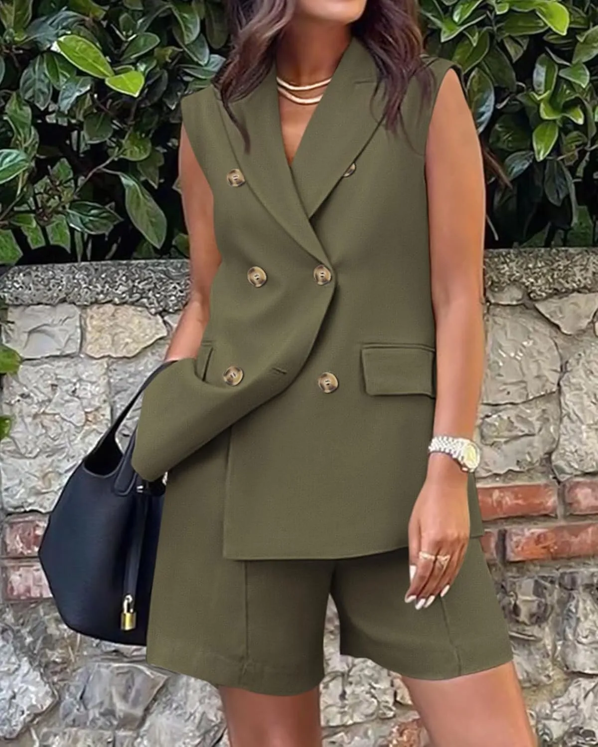 Women's Sleeveless Suit Jacket Vest Shorts Suit Lapel V-Neck Button Office 2 Piece Sets Business Casual Outfits Suits