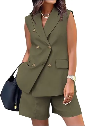 Women's Sleeveless Suit Jacket Vest Shorts Suit Lapel V-Neck Button Office 2 Piece Sets Business Casual Outfits Suits