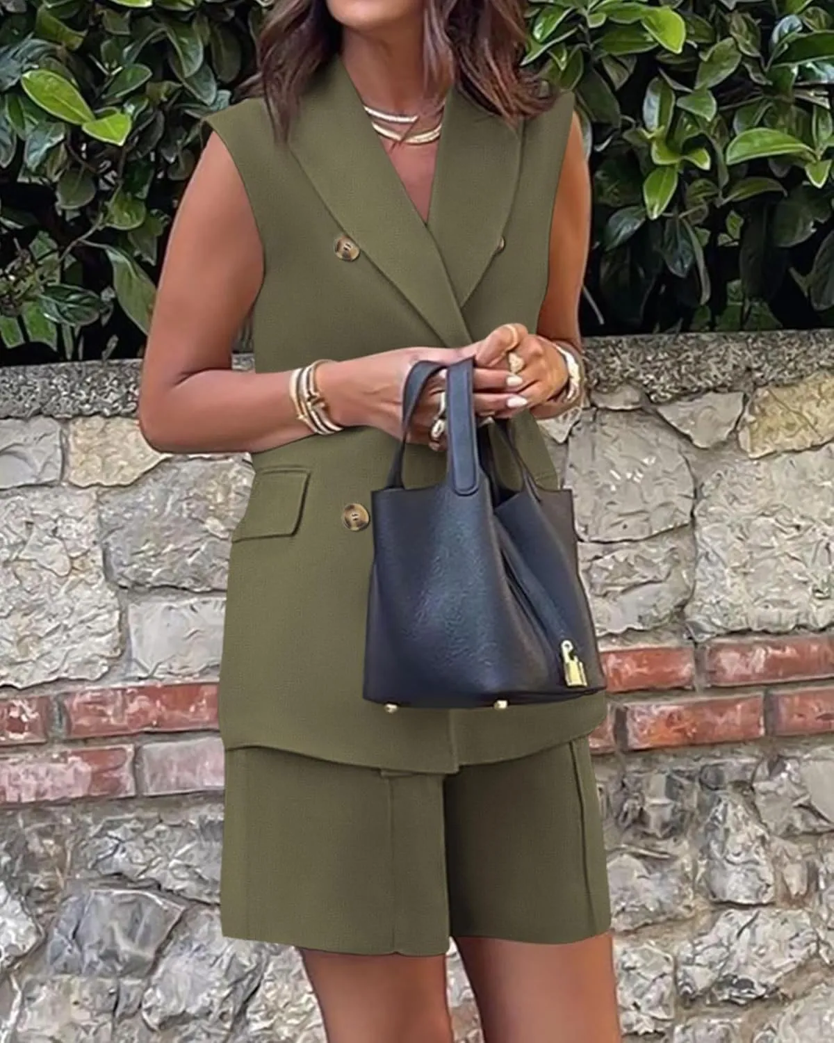 Women's Sleeveless Suit Jacket Vest Shorts Suit Lapel V-Neck Button Office 2 Piece Sets Business Casual Outfits Suits