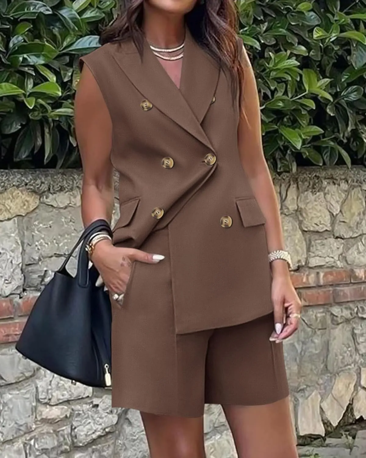 Women's Sleeveless Suit Jacket Vest Shorts Suit Lapel V-Neck Button Office 2 Piece Sets Business Casual Outfits Suits