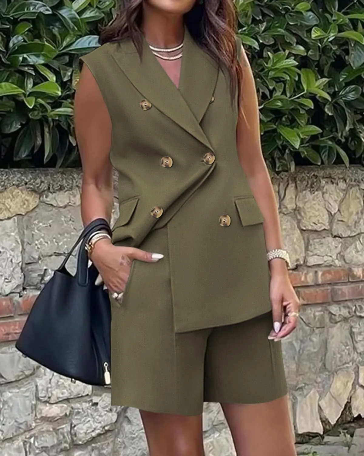 Women's Sleeveless Suit Jacket Vest Shorts Suit Lapel V-Neck Button Office 2 Piece Sets Business Casual Outfits Suits