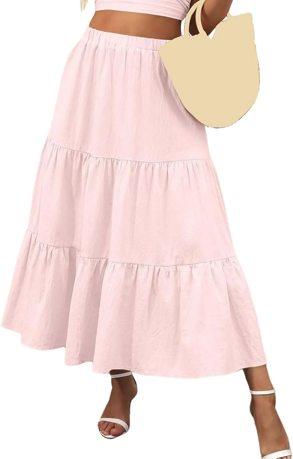Womens Summer Maxi Skirt High Casual Elastic Waist Flowy Swing Skirts Boho Pleated A-Line Skirt 2025 Fashion