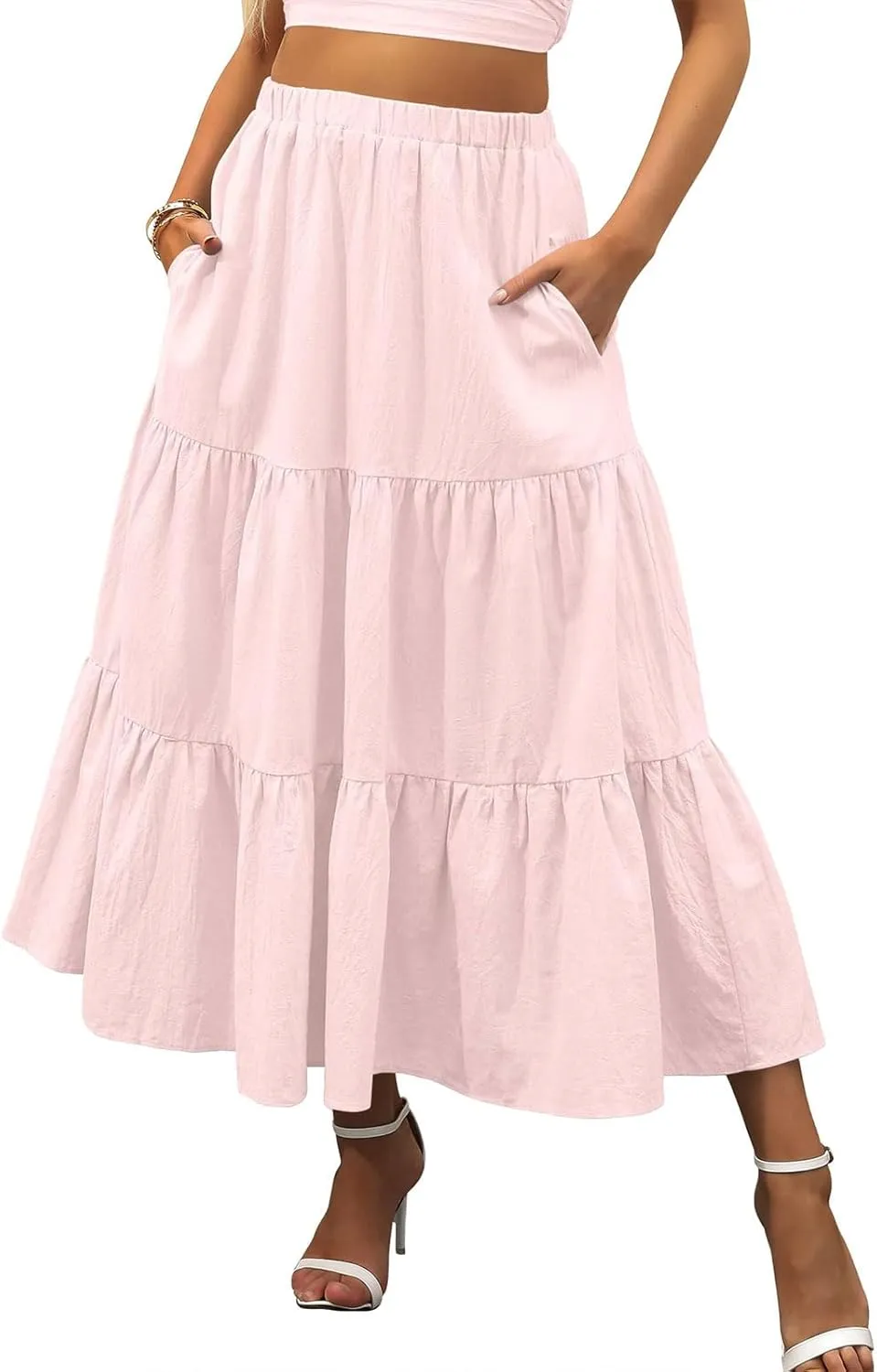 Womens Summer Maxi Skirt High Casual Elastic Waist Flowy Swing Skirts Boho Pleated A-Line Skirt 2025 Fashion