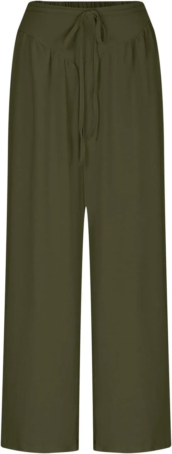 Womens Wide Leg Pants Flowy Palazzo Pants Tie Waist Hide Belly Trousers Business Casual Work Pants Loose Lounge Pants
