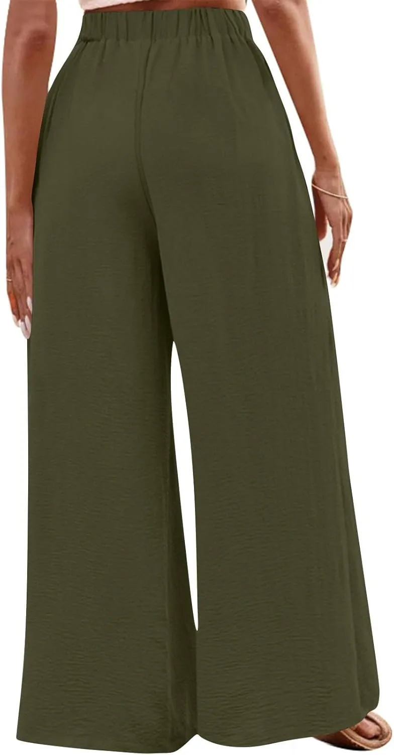 Womens Wide Leg Pants Flowy Palazzo Pants Tie Waist Hide Belly Trousers Business Casual Work Pants Loose Lounge Pants