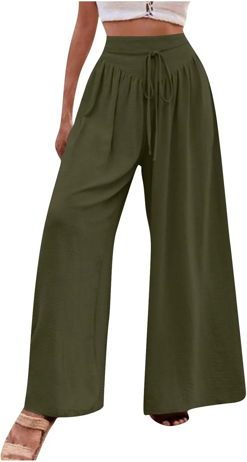 Womens Wide Leg Pants Flowy Palazzo Pants Tie Waist Hide Belly Trousers Business Casual Work Pants Loose Lounge Pants