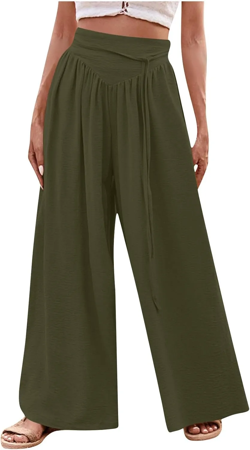 Womens Wide Leg Pants Flowy Palazzo Pants Tie Waist Hide Belly Trousers Business Casual Work Pants Loose Lounge Pants