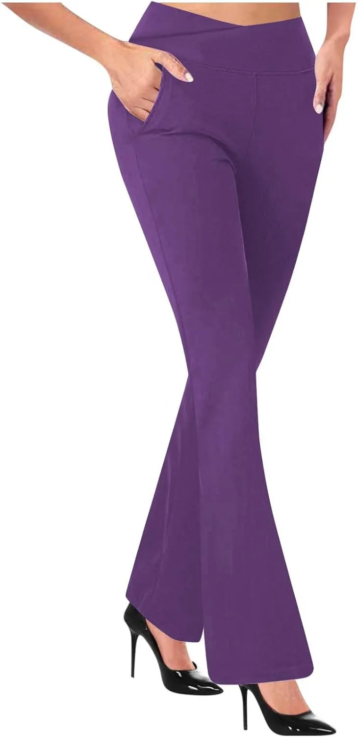 Womens Work Pants Business Casual Flare Dress Pants High Waisted Crossover Trousers Dressy Pull On Slacks with Pocket
