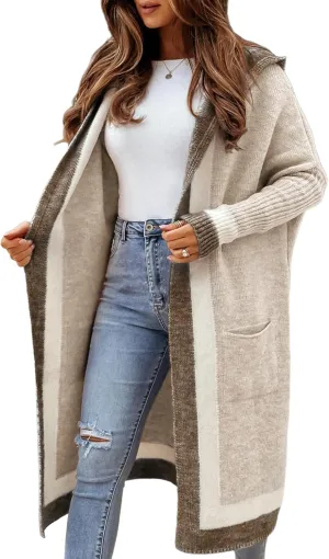 Yimoon Womens Long Cardigan Sweater Color Block Open Front Hooded Cardigan Oversized Knit Sweater Outwear