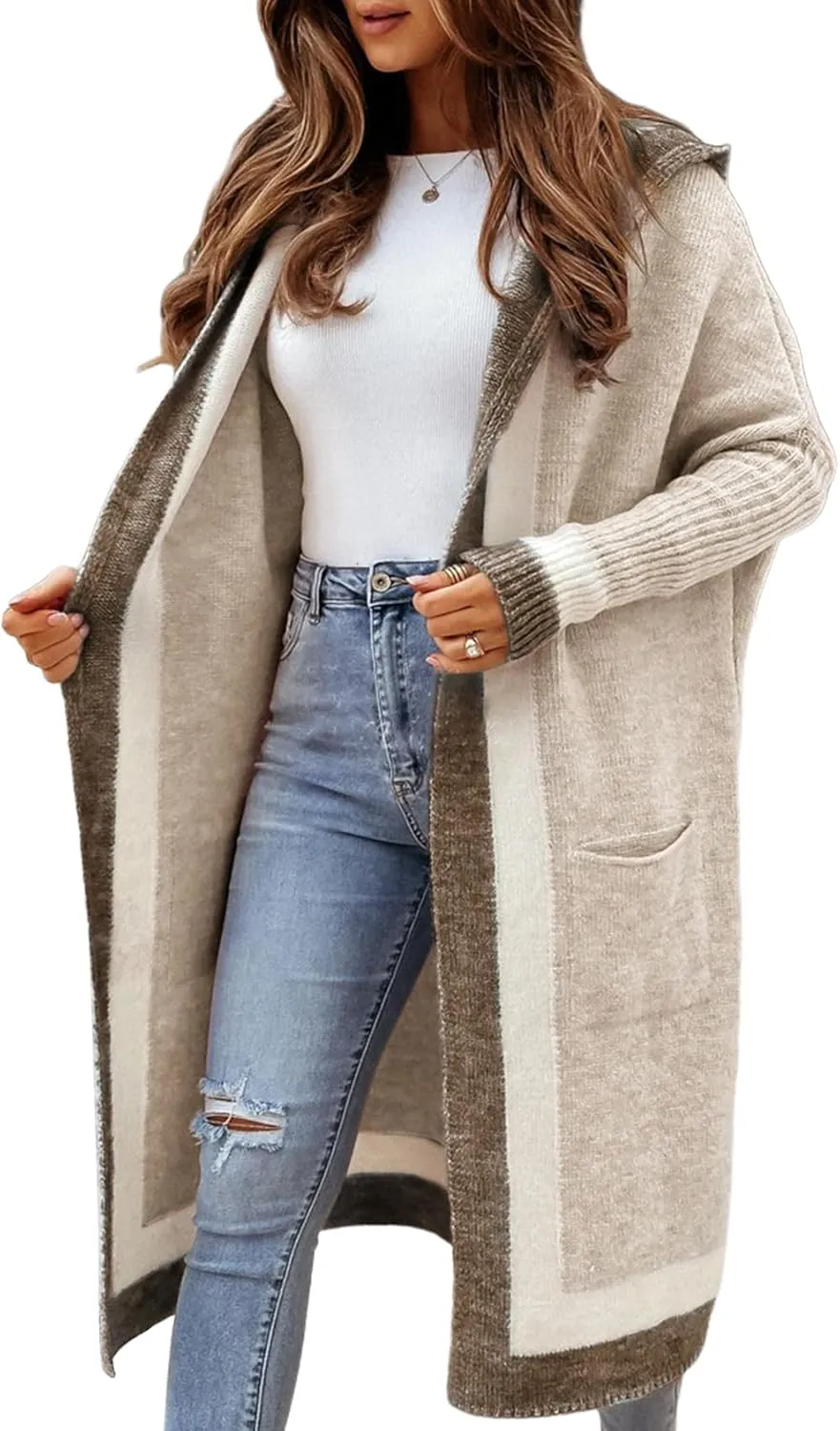 Yimoon Womens Long Cardigan Sweater Color Block Open Front Hooded Cardigan Oversized Knit Sweater Outwear