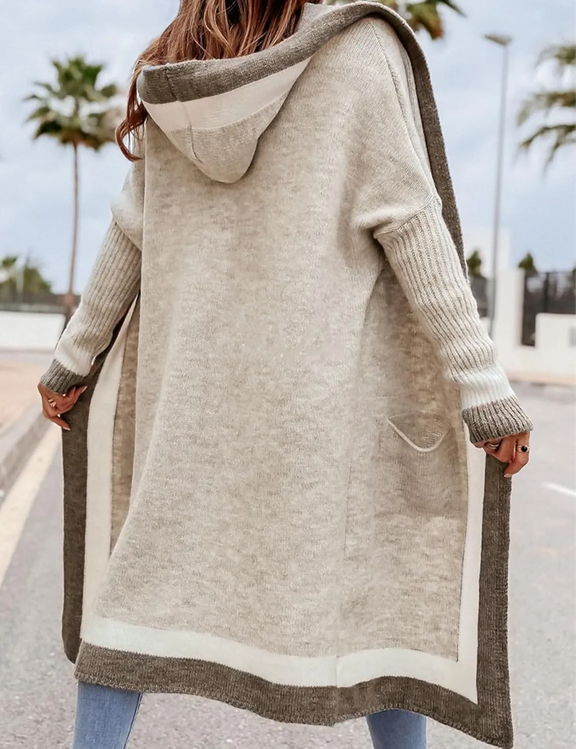 Yimoon Womens Long Cardigan Sweater Color Block Open Front Hooded Cardigan Oversized Knit Sweater Outwear