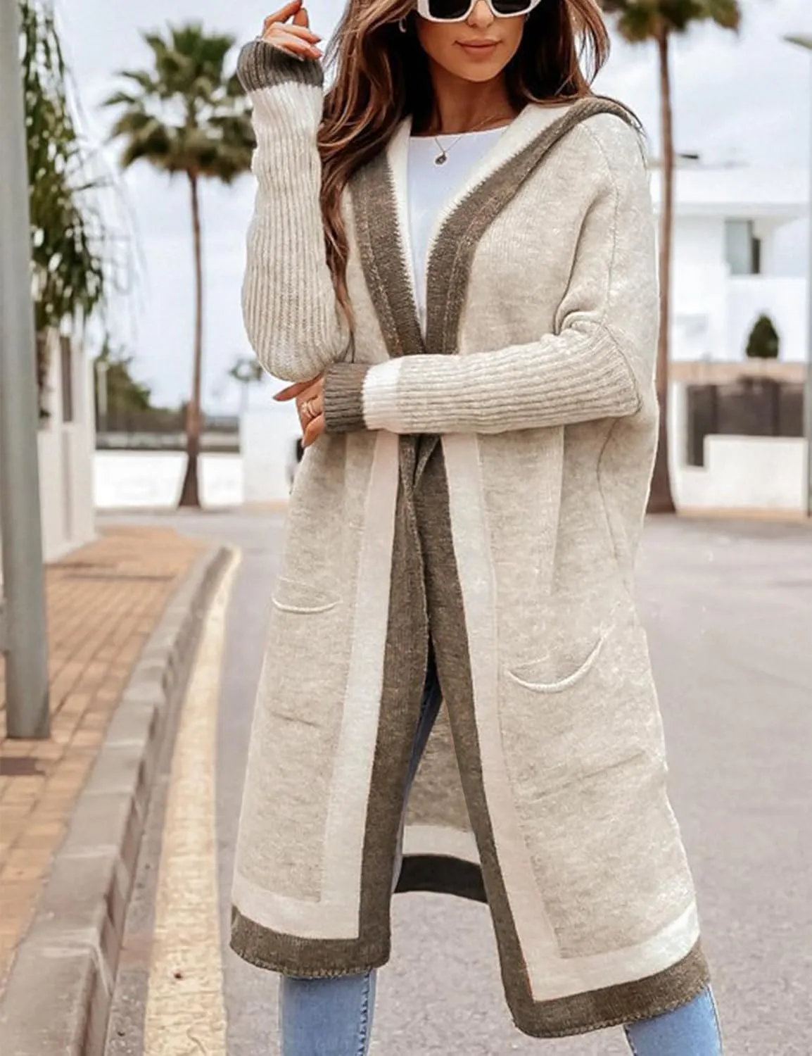 Yimoon Womens Long Cardigan Sweater Color Block Open Front Hooded Cardigan Oversized Knit Sweater Outwear