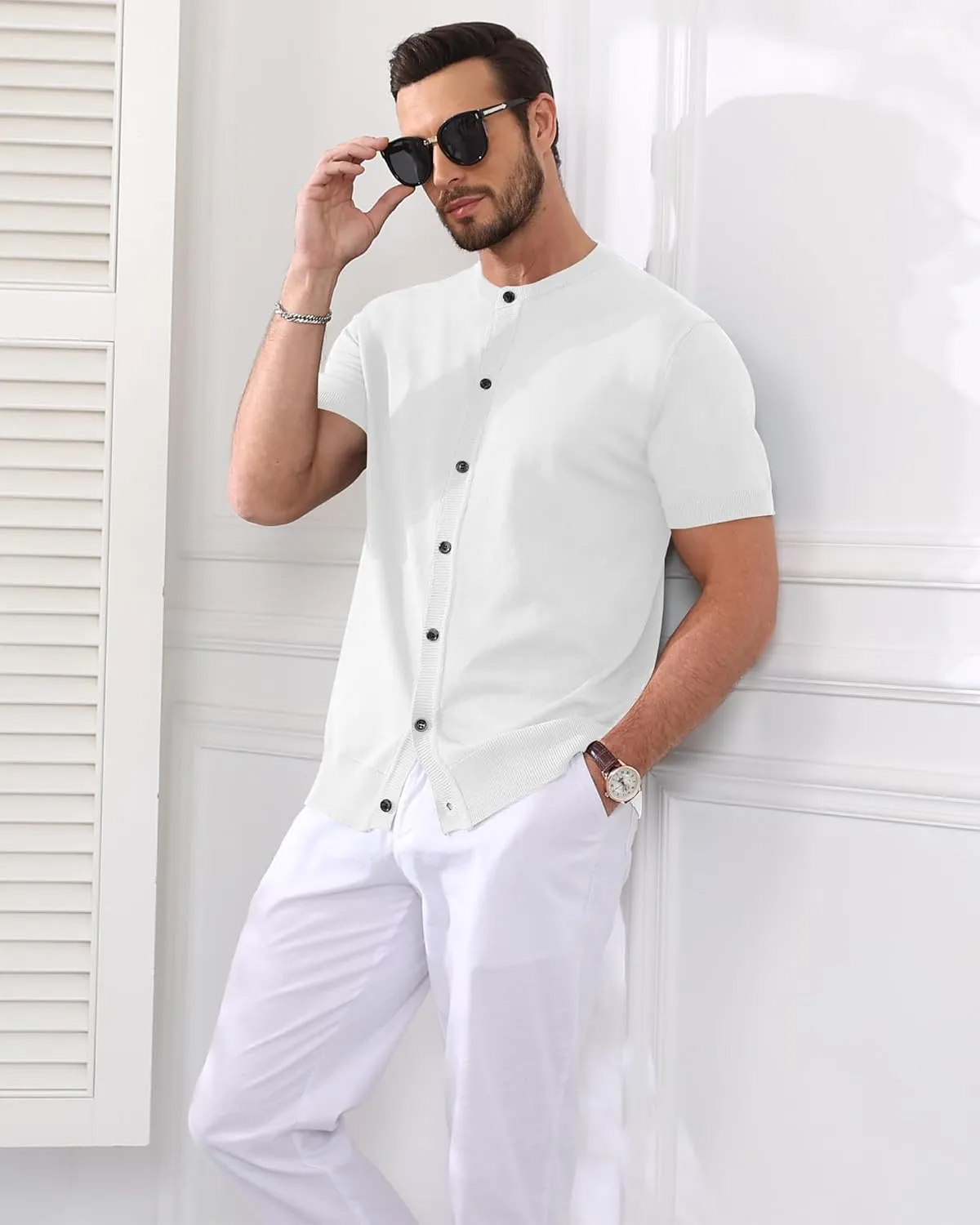 YTD Men's Knit Casual Button Down Shirts Short Sleeve Textured Summer Beach Shirts